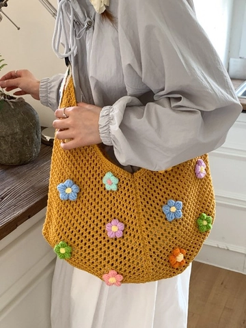 Sac Cabas à Fleurs Crocheté à la Main pour Femmes Sac à Bandoulière en Tricot Ajouré Bohème Grande Capacité Plage Vacances
