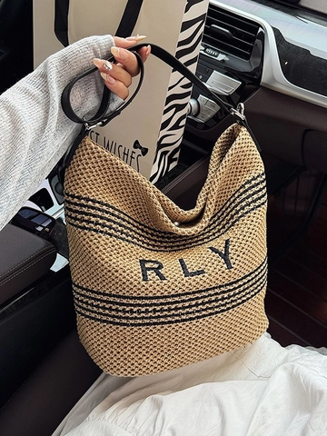 Women Casual Straw Woven Tote Bag Seaside Vacation Crossbody Bucket Bag With Letter Print Striped Large Summer Beach Handbag