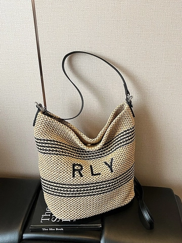 Women Casual Straw Woven Tote Bag Seaside Vacation Crossbody Bucket Bag With Letter Print Striped Large Summer Beach Handbag