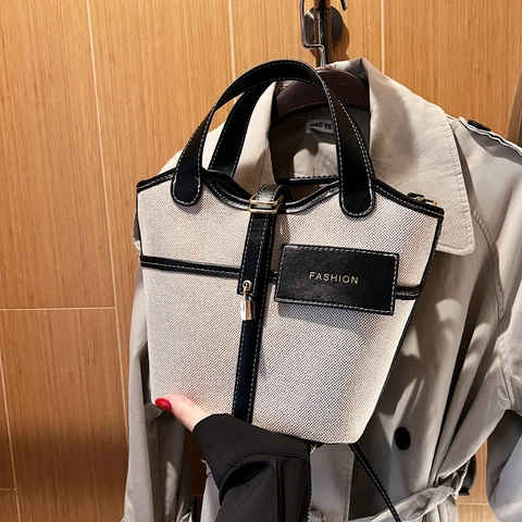 Women Canvas Patchwork Bucket Bag Retro Contrast Color Leather Trim Handbag With Lock Decor Shoulder Crossbody Bag