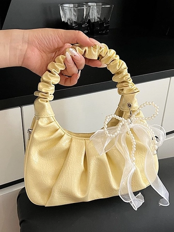 Damen Falten Wolke Umhängetasche Glänzend PU Leder Plissiert Handtasche Mit Künstliche Perlen Schleife Party Schultertasche