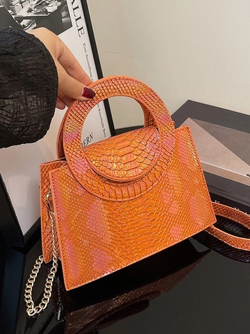 Sac à Main Femme en Cuir PU Motif Crocodile Poignée Circulaire Petit Sac Bandoulière Carré Chaîne Dorée Sac de Mode