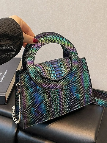 Sac à Main Femme en Cuir PU Motif Crocodile Poignée Circulaire Petit Sac Bandoulière Carré Chaîne Dorée Sac de Mode