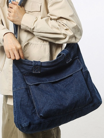 Vintage Denim Tote Bag For Women Large Capacity Shoulder Bag Workwear Style Jean Shopper Bag Solid Color Handbag With Pocket