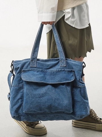 Vintage Denim Tote Bag For Women Large Capacity Shoulder Bag Workwear Style Jean Shopper Bag Solid Color Handbag With Pocket