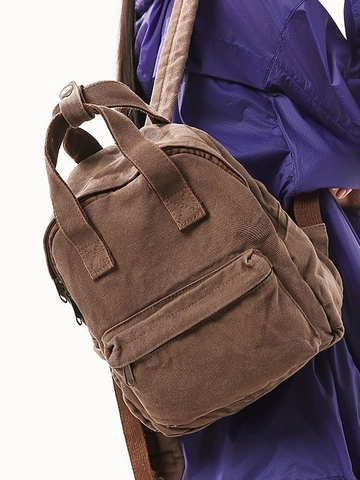 Vintage Canvas Backpack For Women Solid Color Small School Bag Retro Casual Travel Daypack With Top Handle Portable Bag