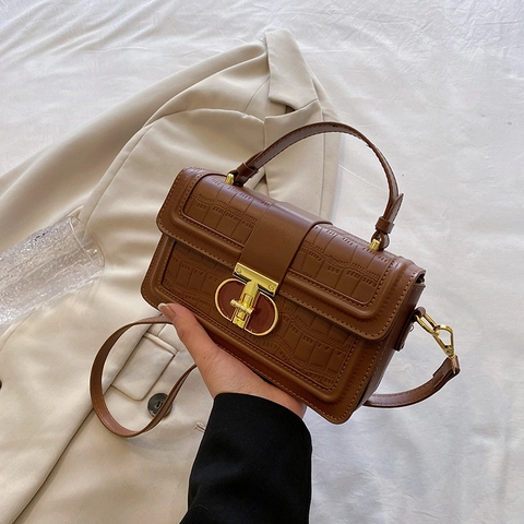 Sac à Main Femme Vintage Motif Crocodile Cuir PU Petit Sac Bandoulière Carré Avec Fermoir Métallique Poignée Sangle Réglable