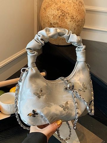 Bolso Bandolera Mujer Asa Plisada Decoración Mariposa Metal Bolso Hobo Semicírculo Con Cadena Bolso Moda PU