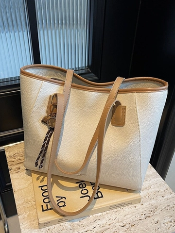 Women Large Capacity PU Leather Tote Bag Minimalist Lychee Texture Commuter Shoulder Underarm Bag With Pendant Solid Color