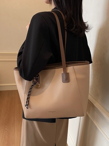 Women Large Capacity PU Leather Tote Bag Minimalist Lychee Texture Commuter Shoulder Underarm Bag With Pendant Solid Color