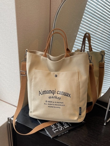 Bolso Tote de Lona de Gran Capacidad para Mujer Asa de Color en Contraste Bolso de Hombro Moda Bolso de Mano Con Bolsillo Exterior