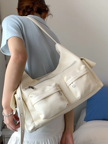 Women Large Capacity PU Leather Tote Bag Multi Pocket Streetwear Shoulder Crossbody Bag Adjustable Strap Retro Commute Handbag