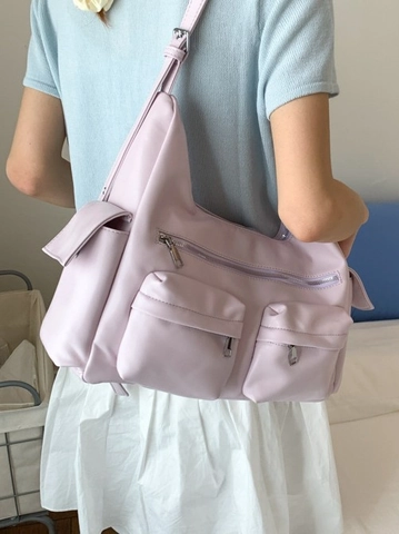Women Large Capacity PU Leather Tote Bag Multi Pocket Streetwear Shoulder Crossbody Bag Adjustable Strap Retro Commute Handbag