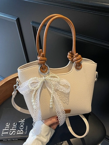 Damen PU Leder Tote Bag Mode Litschi Muster Eimer Tasche Mit Spitze Schleife Künstliche Perle Dekoration Schultertasche