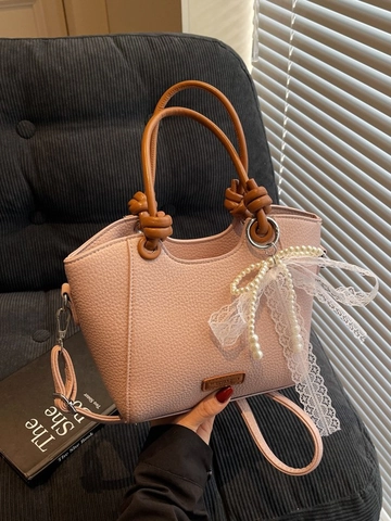 Damen PU Leder Tote Bag Mode Litschi Muster Eimer Tasche Mit Spitze Schleife Künstliche Perle Dekoration Schultertasche