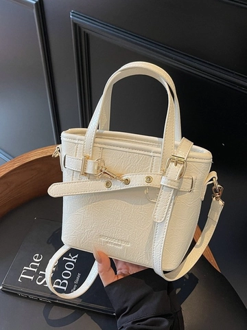 Bolso Cubo de Cuero PU Simple Retro con Textura Arrugada para Mujer Herrajes Dorados Bolso Bandolera Viaje Diario Color Sólido Bolso Tote Pequeño