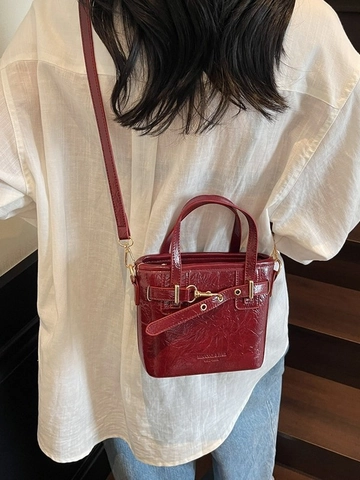 Bolso Cubo de Cuero PU Simple Retro con Textura Arrugada para Mujer Herrajes Dorados Bolso Bandolera Viaje Diario Color Sólido Bolso Tote Pequeño
