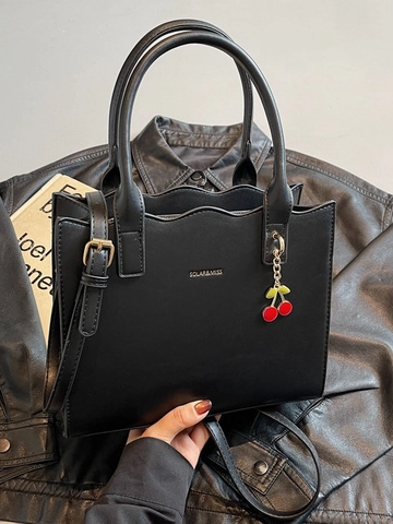 Elegant Women PU Leather Wave Edge Tote Bag With Cherry Pendant Solid Color Handbag Shoulder Bag For Wedding Daily Use