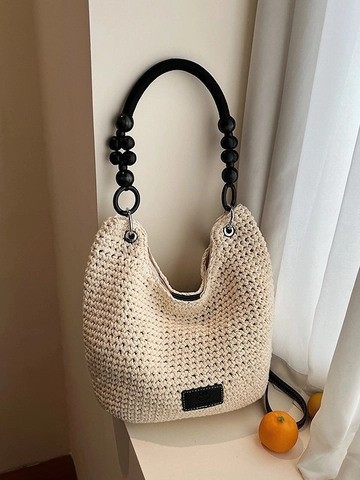 Damen Handgefertigte Hanfseil Geflochtene Tragetasche Mit Holzperlen Griff Bohemian Sommer Strand Beuteltasche Große Kapazität