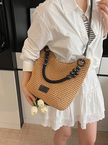 Damen Handgefertigte Hanfseil Geflochtene Tragetasche Mit Holzperlen Griff Bohemian Sommer Strand Beuteltasche Große Kapazität