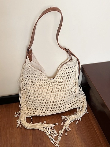 Borsa Tote Intrecciata Bohemien da Donna Borsa a Tracolla all'Uncinetto con Nappe Tracolla in Pelle PU Borsa da Spiaggia