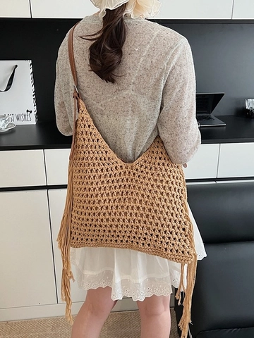 Borsa Tote Intrecciata Bohemien da Donna Borsa a Tracolla all'Uncinetto con Nappe Tracolla in Pelle PU Borsa da Spiaggia