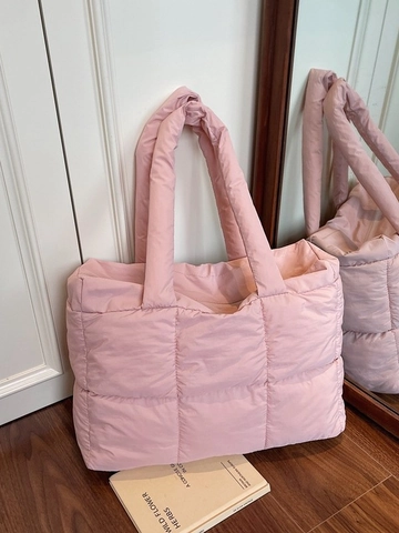 Bolso Tote Acolchado de Moda para Mujer Gran Capacidad Cuero PU Casual Costura Color Sólido Bolso de Hombro