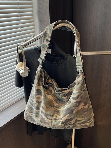 Borsa Tote in PU con Stampa Leopardata e Camouflage Grande Capacità Hobo a Tracolla Regolabile da Donna