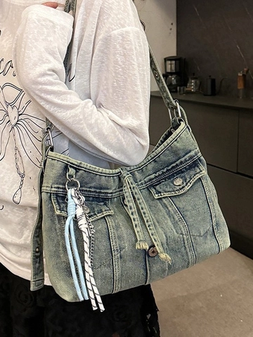 Women Vintage Washed Denim Crossbody Bag Workwear Tote Bag With Braid Rope Charm Adjustable Strap Casual Shoulder Bag