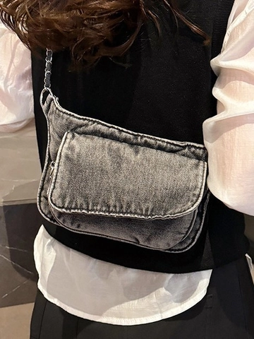 Borsa a Tracolla Vintage in Tela Denim da Donna Tendenza di Strada Messenger Lavata Con Tracolla a Catena in Metallo