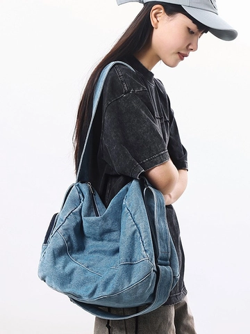 Borsa a Tracolla da Donna in Denim Lavato a Grande Capacità Messenger Bag Casual Street Trend per Viaggi Studenti