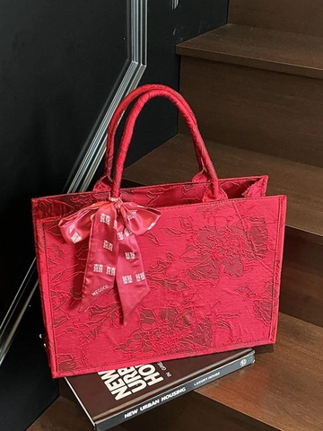 Grand Sac Fourre-Tout Jacquard Fleuri Rouge pour Femme Sac à Main de Mariage Avec Nœud Élégant Sac à Bandoulière