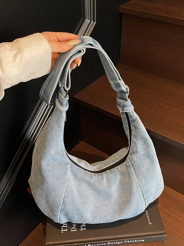 Women's Large Capacity Vintage Washed Denim Hobo Bag Retro Crescent Crossbody Bag With Adjustable Strap Casual Bag