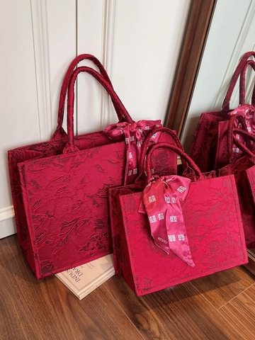 Grand Sac Fourre-Tout Jacquard Fleuri Rouge pour Femme Sac à Main de Mariage Avec Nœud Élégant Sac à Bandoulière