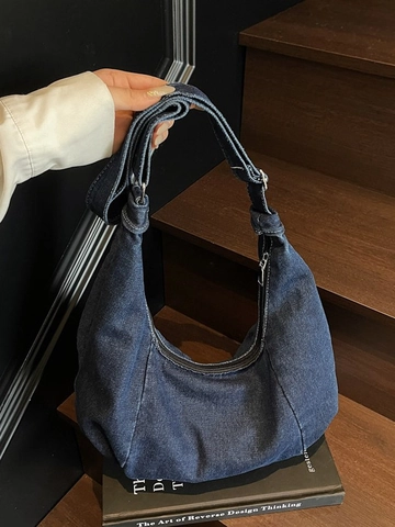 Women's Large Capacity Vintage Washed Denim Hobo Bag Retro Crescent Crossbody Bag With Adjustable Strap Casual Bag