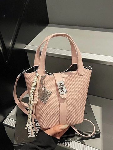 Modische Damen PU Leder Eimertasche Webstruktur Handtasche Mit Metallschloss Verstellbarem Riemen Schulter Umhängetasche