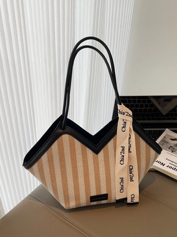Grote Capaciteit Gestreepte Canvas Tote Bag Mode PU Leer Trim Schoudertas Met Decoratief Letterlint Woon-werkverkeer Handtas Voor Dames