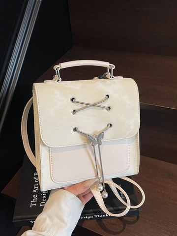 Women Fashion PU Leather Mini Backpack With Butterfly Bow Artificial Pearl Decor Casual Street Style Small School Bag
