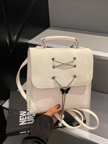Women Fashion PU Leather Mini Backpack With Butterfly Bow Artificial Pearl Decor Casual Street Style Small School Bag