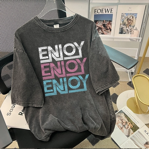 Maglietta da Donna in Cotone Lavato Vintage Retro Invecchiata Stampa Lettere Enjoy Girocollo Oversize Streetwear Top