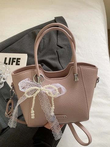 Vintage Damen PU Leder Litschitextur Eimertasche Perle Schleife Spitze Dekor Mode Pendeln Tragetasche Schulter Umhängetasche