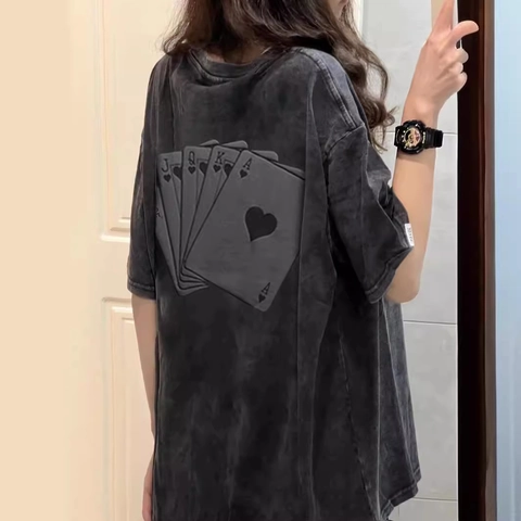 T-shirt Oversize en Coton Délavé Unisexe Rétro Carte de Poker Impression Puff Usé Gris Anthracite Streetwear Manches Courtes