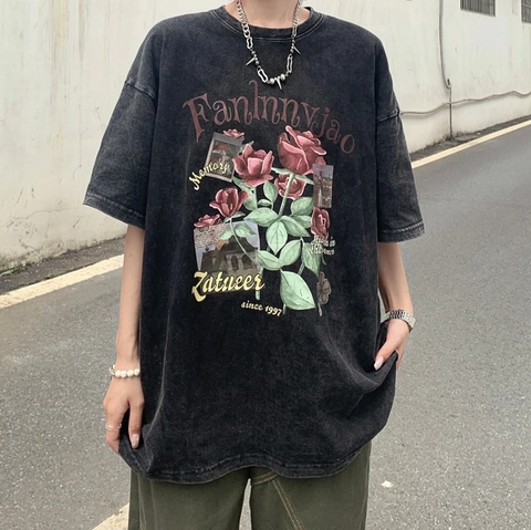 Women Vintage Washed Black Cotton T-Shirt Rose Floral Print Short Sleeve Oversized Loose Fit Streetwear Casual Pullover Top