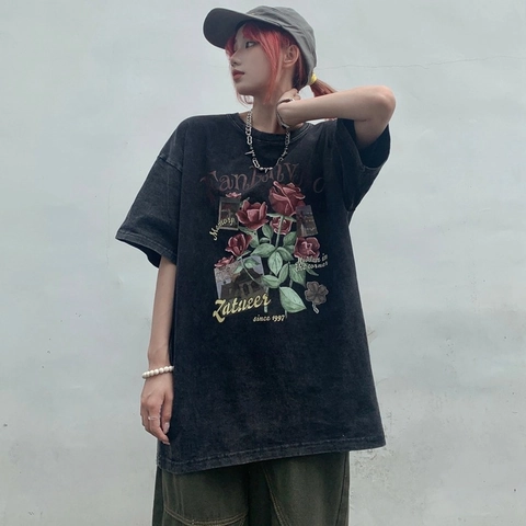 Women Vintage Washed Black Cotton T-Shirt Rose Floral Print Short Sleeve Oversized Loose Fit Streetwear Casual Pullover Top