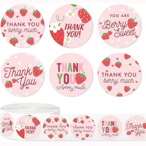 Rotolo di Adesivi di Fragola Thank You Etichette Sigillanti Adesive in Carta Patinata per Scatole Regalo Buste Decorazioni Festa Berry Sweet Design