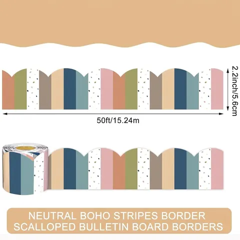 Boho Scalloped Bulletin Board Border Stickers Neutral Stripes Polka Dot Self Adhesive Classroom Decoration Paper Roll For Teachers
