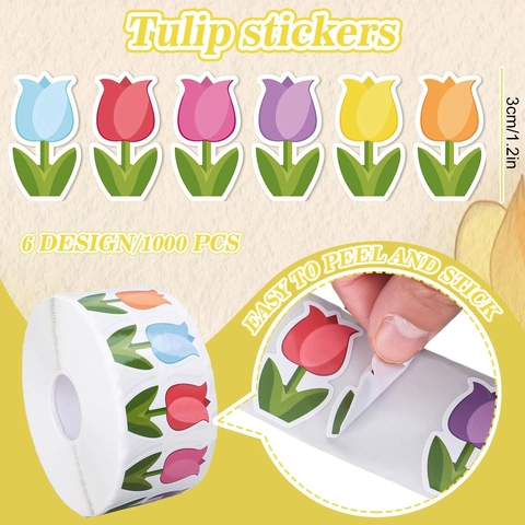 Colorful Tulip Flower Stickers Roll Decorative Kraft Paper Self Adhesive Labels For Gift Wrap Scrapbooking DIY Floral Craft