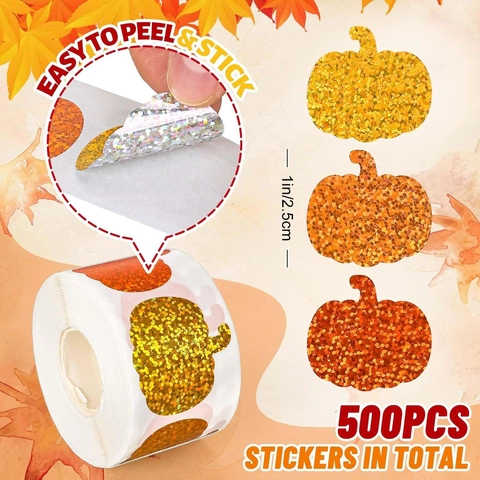 500 Stück Pro Rolle Glitzer Kürbis Aufkleber Für Halloween Herbst Dekoration Selbstklebende Siegel Etiketten Für DIY Handwerk
