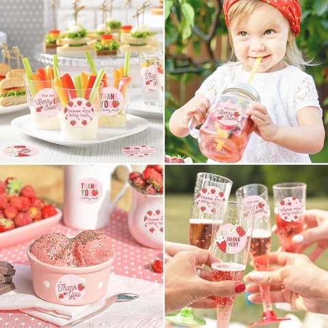 Pegatinas de Agradecimiento de Fresa Etiquetas Adhesivas Redondas para Panadería Caja de Pastel Sellado Cumpleaños Fiesta Decoración