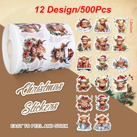 Autocollants de Noël Vache des Highlands Rouleau Étiquettes Décoratives Adhésives Aquarelle Animal avec Bonnet de Noël pour Cadeaux